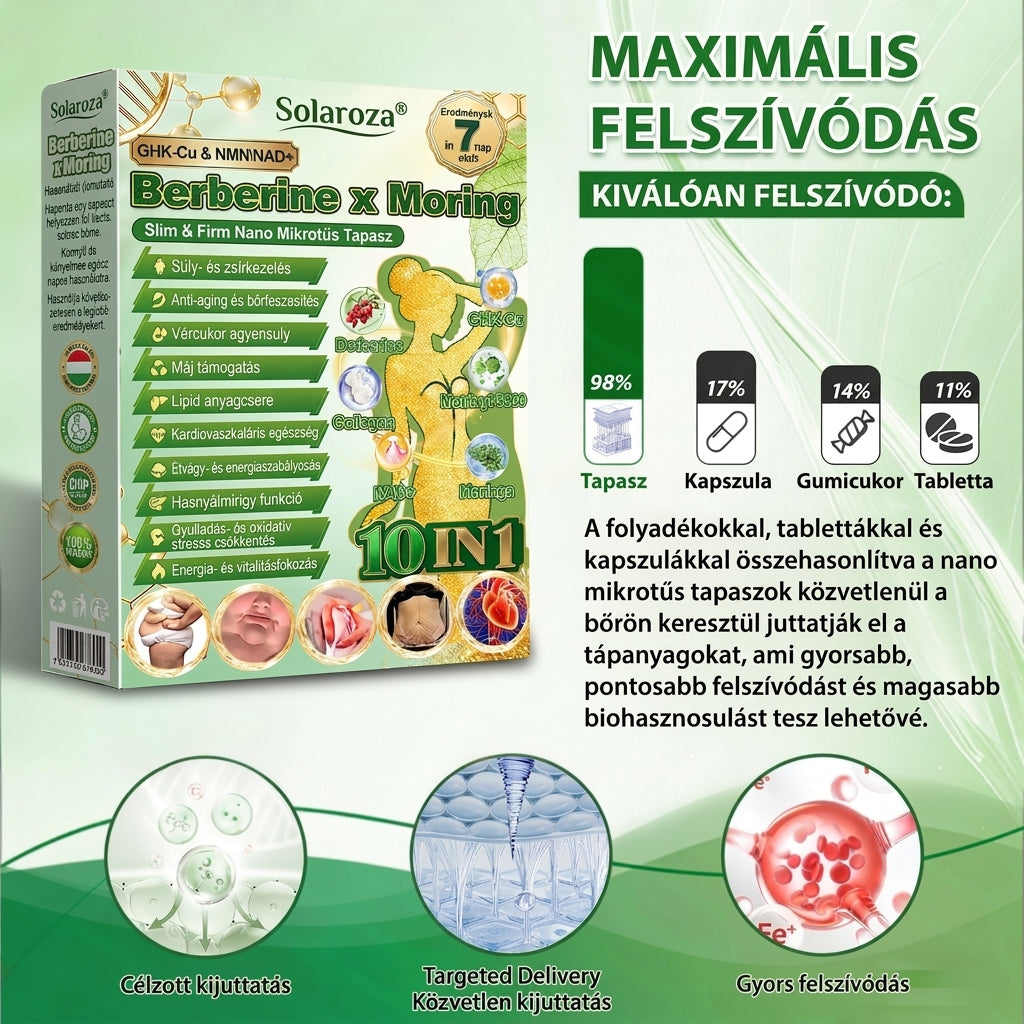 【💥2026 Új termékek és különleges ajánlatok: 80% kedvezmény】👑Solaroza® Moringa Berberine X NAD+ 10-10-1 fejlett nano mikrotűs tapasz - Naponta egyszer, látható eredmények 7 napon belül